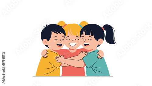 Three happy diverse children, two boys and one girl, hugging each other with big smiles on their faces to represent friendship and unity.