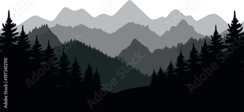 Mountain skyline and conifer forest scene for print