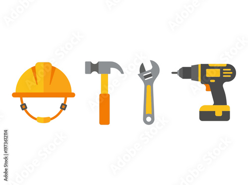 Flat construction tools set, clean minimal industrial icons on white background
