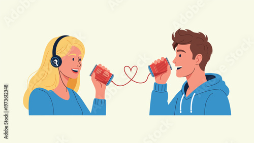 Romantic couple talking to each other using tin can telephones connected by a red string shaped like a heart symbol.