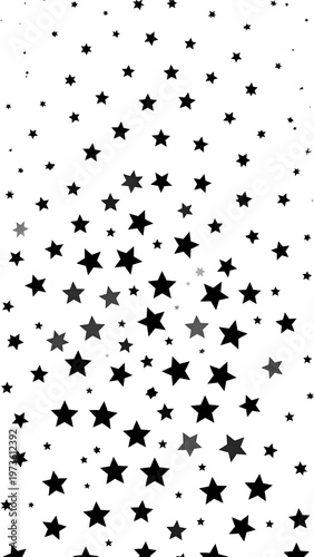 Starfall Varying sizes of black stars cascade down a white background, dense at bottom, sparse at top