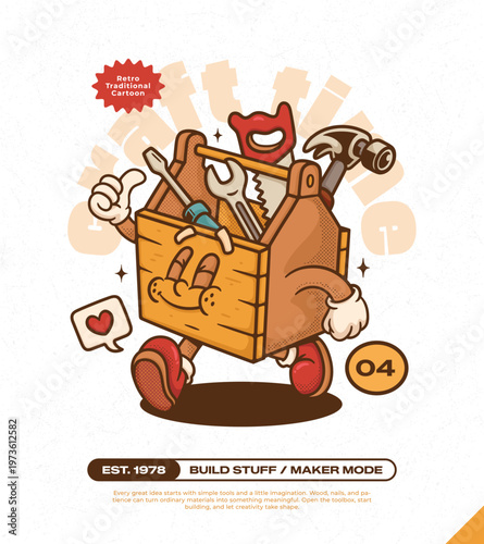 Wooden Craft Toolbox Trendy Retro Cartoon Vector Hand Drawn 4