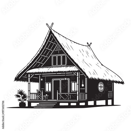 A frame cabin Eco-Resort Hut with thatched roof surrounded by tropical palm trees and vegetation.