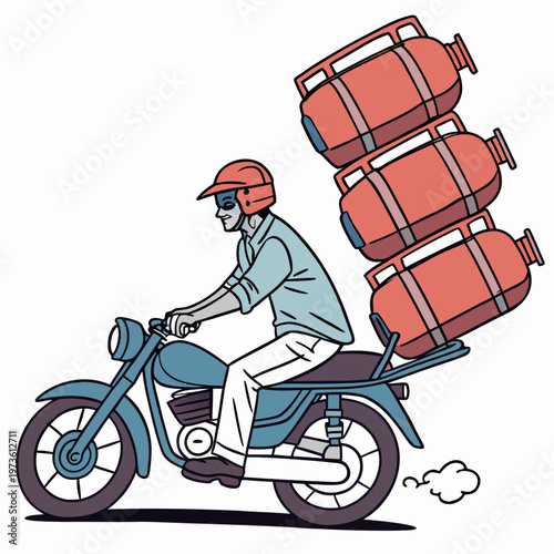Man riding a motorcycle with large gas cylinders on the back, wearing a helmet