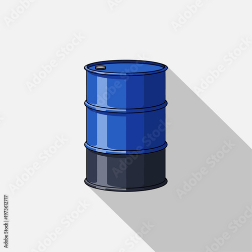 a blue oil barrel an industrial drum container for oil storage stands upright with a long flat shadow representing fuel and the energy industry.