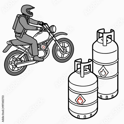 Motorcyclist riding past propane gas cylinders with warning labels