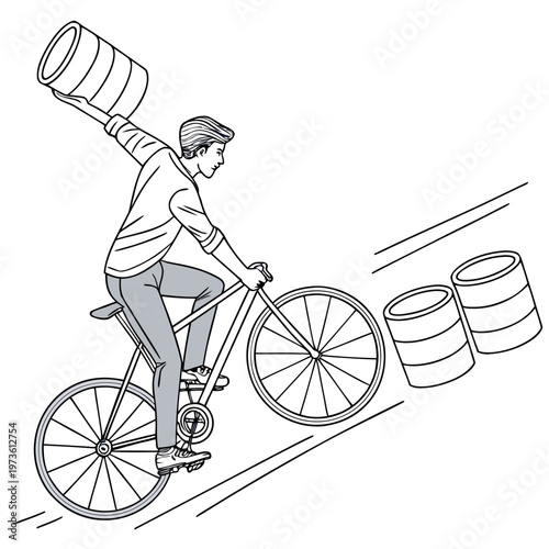 Man riding a bicycle with a barrel on his shoulder and two barrels on the road ahead