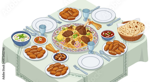 Traditional Arabic Iftar dinner table with lamb kabsa, dates and pita bread. Middle Eastern feast with festive food platters. Ramadan Kareem celebration meal vector.