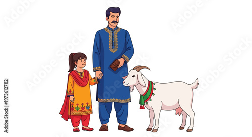 Traditional Muslim father and daughter with sacrificial goat, Eid al-Adha celebration vector, family in ethnic Kurta and Shalwar Kameez