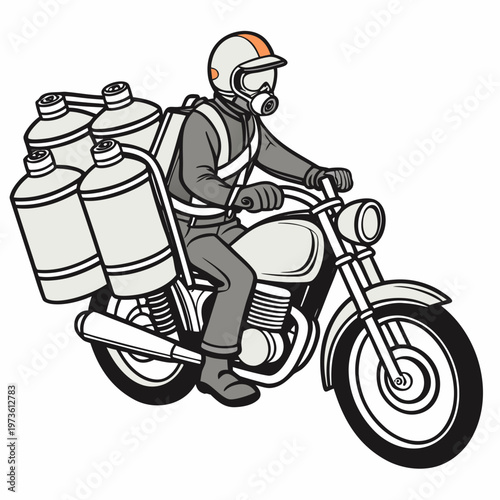 A cartoon illustration of a man wearing a hazmat suit and gas mask riding a motorcycle with large canisters on the back