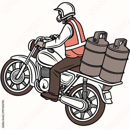 Delivery person riding motorcycle with large gas canisters on back