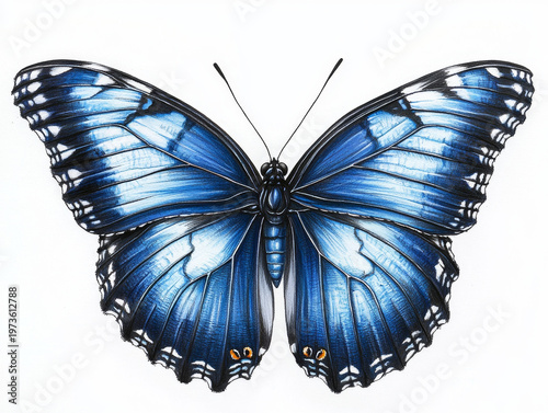 Detailed illustration of a blue butterfly with intricate wing patterns, light to dark blue shades, white accents, and small orange spots