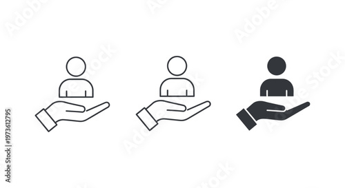 customer support and user care icon featuring a giving hand holding a person symbolizing help service and assistance.
