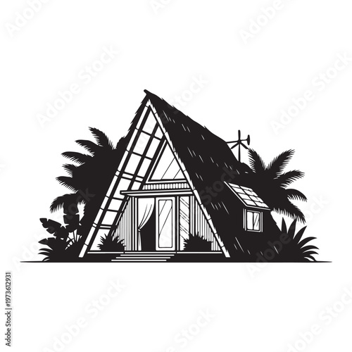 A frame cabin Eco-Resort Hut with thatched roof surrounded by tropical palm trees and vegetation.