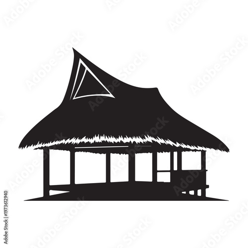 A frame cabin Eco-Resort Hut with thatched roof surrounded by tropical palm trees and vegetation.