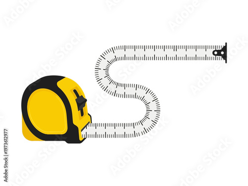 Flat measuring tape extended and curved, minimal tool on white background