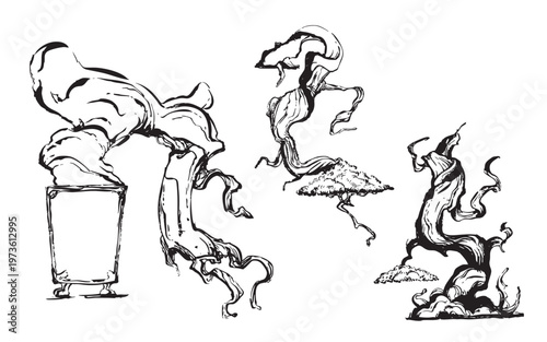 Hand-drawn bonsai trees with sculpted branches illustration