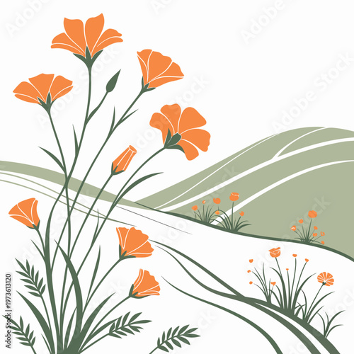 Φωτογραφία Vector illustration of orange poppies on green hills with natural scenery