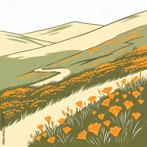 Illustration of a serene landscape with green hills and vibrant orange poppy flowers