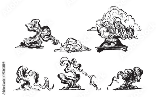 Hand-drawn bonsai trees with sculpted branches illustration