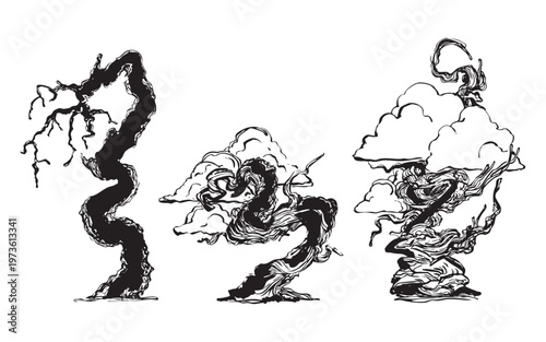 Hand-drawn bonsai trees with sculpted branches illustration