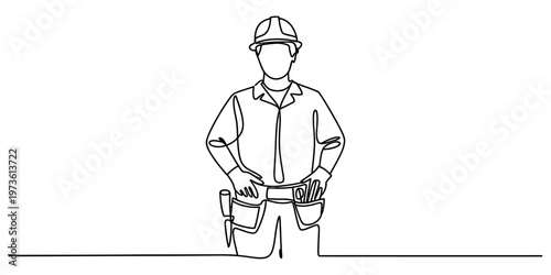 A single continuous line drawing of a construction worker standing with a tool belt and helmet Vector, illustration