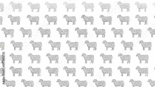 Minimalist sheep pattern background, seamless grey animal silhouettes on white, repeating farm livestock vector illustration for textile design