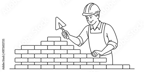 A dedicated professional bricklayer working on a wall construction project with a metal trowel. Vector, illustration