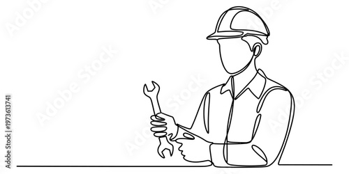 Continuous line drawing of a construction worker wearing a safety helmet and holding a wrench Vector, illustration
