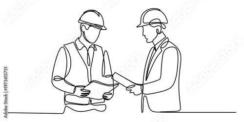 Continuous line drawing of two engineers wearing hard hats reviewing a construction blueprint plan Vector, illustration