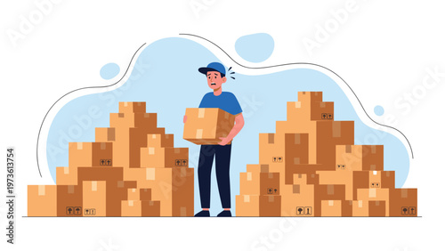 Stressed warehouse worker standing among piles of cardboard boxes feeling overwhelmed by the heavy workload today.