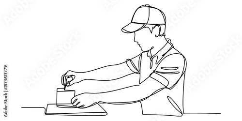 A continuous line drawing of a person wearing a cap while carefully stirring a small glass vessel Vector, illustration
