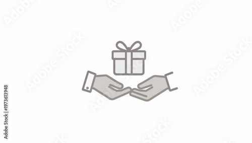 Minimalist hands holding gift box icon, flat line vector illustration of giving a present, charity and donation concept symbol on white background