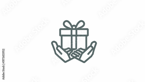 Minimalist gift box icon held in human hands, simple line art present vector, charity and donation symbol for holiday giving and rewards