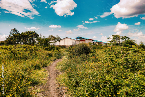 Dirt Road Through Savanna Landscape with Acacia Tree against the Export Processing Zone industrial Park in Syokimau, Kenya