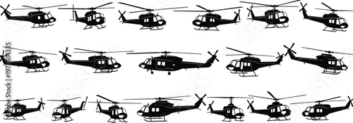 Set of detailed military and civilian helicopter silhouettes in various flight positions and angles, perfect for aviation icons, transport graphics, and vector design elements.