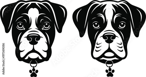 Dog face silhouettes set, boxer breed head vector illustration black and white design