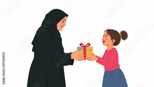 Muslim mother in black hijab giving a gift box to her daughter, happy Arab family celebrating Eid or birthday, flat vector illustration on white background