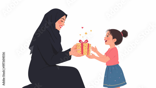 Muslim mother in black abaya giving gift to daughter vector, happy middle eastern family celebrating eid al-fitr, ramadan kareem surprise present