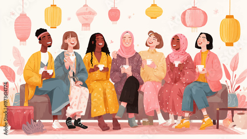 Eid Diverse group of women celebrating together, multicultural female friends drinking tea on sofa, happy women in hijab and casual clothes, flat vector illustration