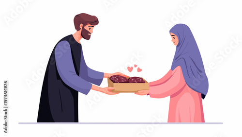Muslim couple sharing Meat for Eid ul adha , Islamic man and woman in hijab holding a box of dates, religious charity and kindness concept vector