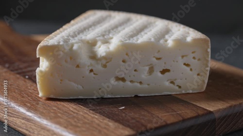 Wedge of Soft White Cheese with Holes on a Wooden Board