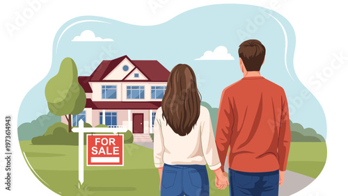 Young couple holding hands and looking at a beautiful two-story house for sale to start their new life together.