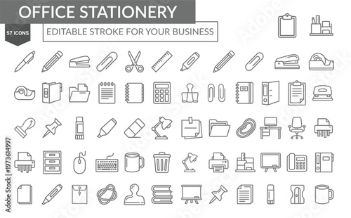 Workspace and Office Supplies Outline Icons Set Editable Stroke Business Pack
