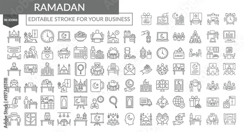 Ramadan Mubarak Icons Pack Prayer Mosque Charity Fasting Line Vector Set