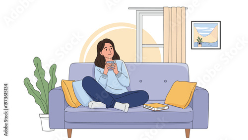 Relaxed woman sitting on a comfortable purple sofa at home while enjoying a hot cup of tea and looking out the window.