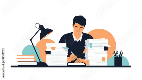 Stressed and exhausted businessman working late at a desk covered with large stacks of paperwork and documents.