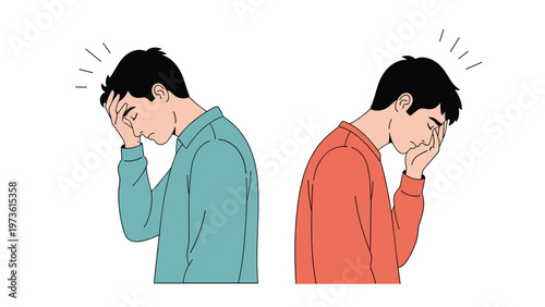 Two men suffering from severe headaches and stress while standing back to back against a clean white background.