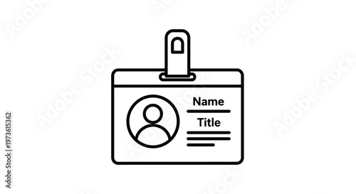 Outline ID badge icon with clip, personal avatar, and placeholder for name and title in bright studio.