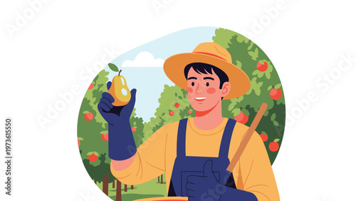 Proud male farmer in a hat and overalls holding a fresh pear and giving a thumbs up sign in an apple orchard park.